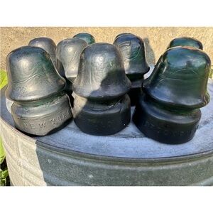 Very Dark Green Glass Insulator Marked Brookfield New York, 4 Inches. Labeled 7